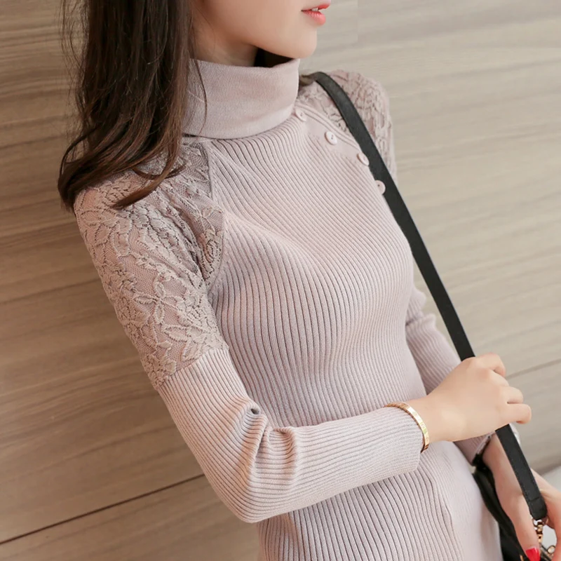 Платье с высоким воротником и рукавами корейский новый зимний свитер тонкая