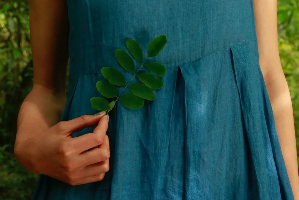 LinenAll Оригинальное натуральное растительное синее окрашенное летнее платье 100%