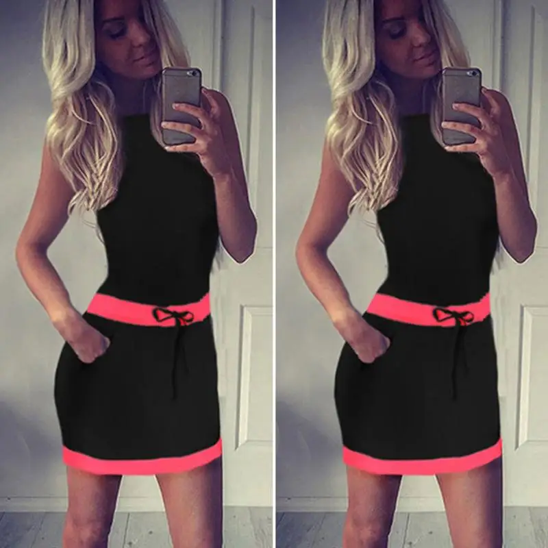 Новинка 2019 модное женское платье без рукавов двухцветное с бантом туника мини