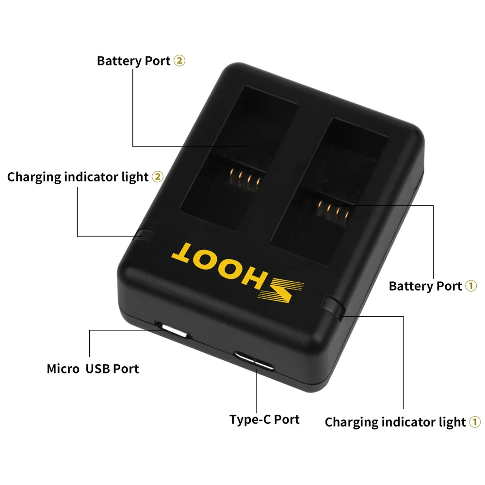 SHOOT Dual Port зарядное устройство с 2 шт 1220mAh батарея для GoPro Hero 5 6 7 Черная Камера Go Pro