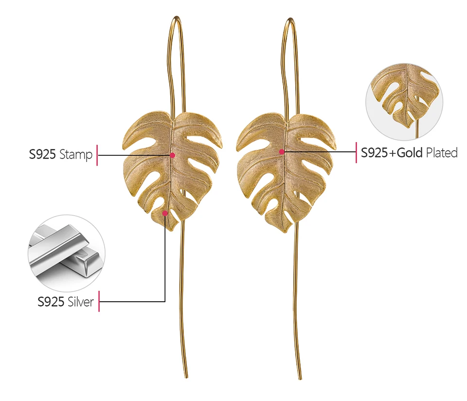 Lotus Fun Настоящее 925 пробы серебряные ювелирные изделия ручной работы Креативные листья монстеры дизайн Висячие серьги для женщин Bijoux