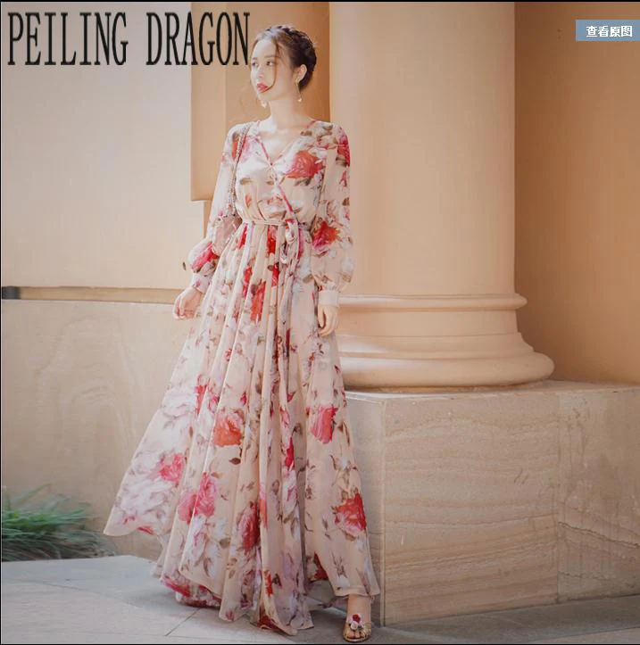 PEILING DRAGON 2017 весенне осеннее женское платье с длинным рукавом v образным вырезом