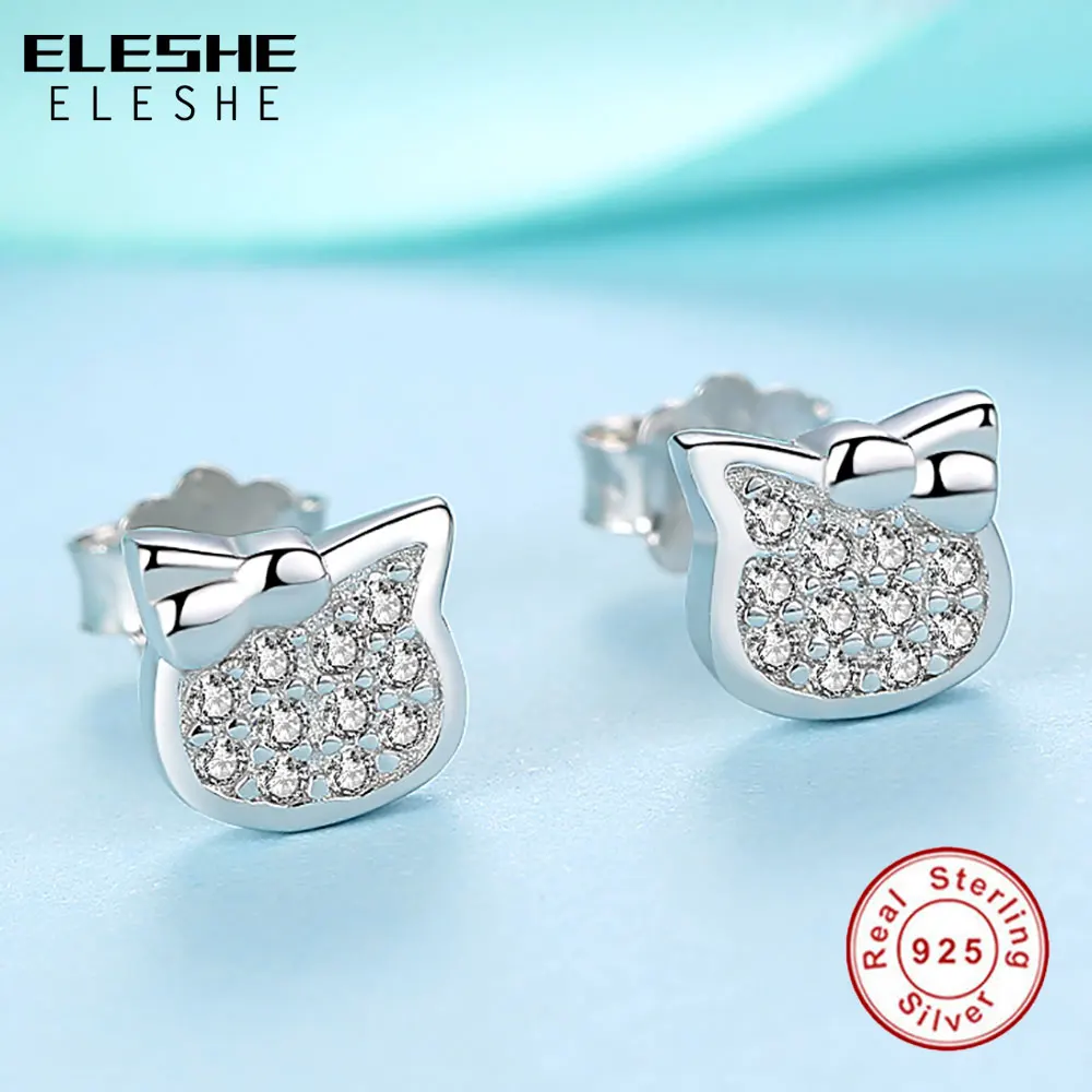 Женские серьги-гвоздики ELESHE с мультяшными животными котами, милые 925 пробы серебряные серьги, серьги для девушек, рождественские подарки