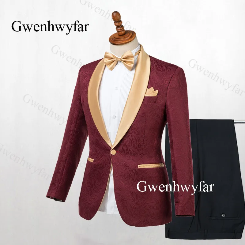 Мужской Жаккардовый смокинг Gwenhwyfar черный блейзер с золотым отложным воротником