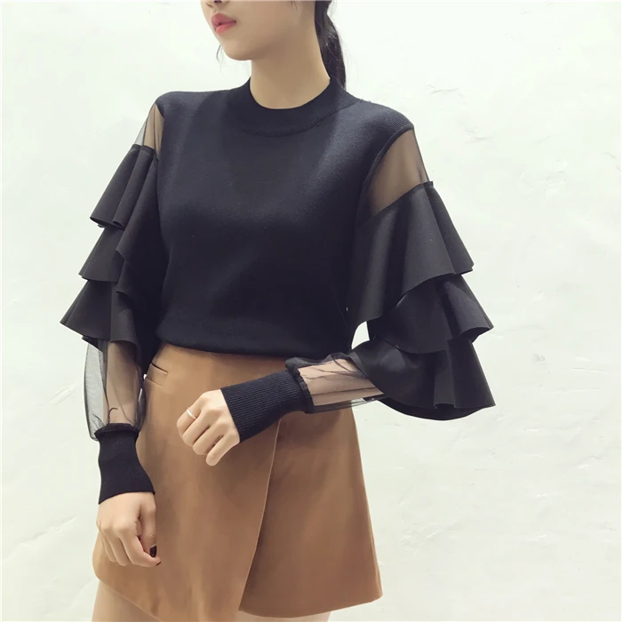 Женские вязаные свитера топы костюмы женский свитер с оборками и сетчатым