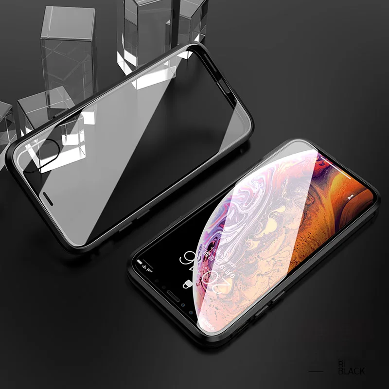Черный BFOLLOW передний и задний 3D стеклянный чехол для iPhone X XS/XR/XS Max Магнитный 360 Полный корпус алюминиевый металлический чехол Coque Fundas - Цвет: Черный