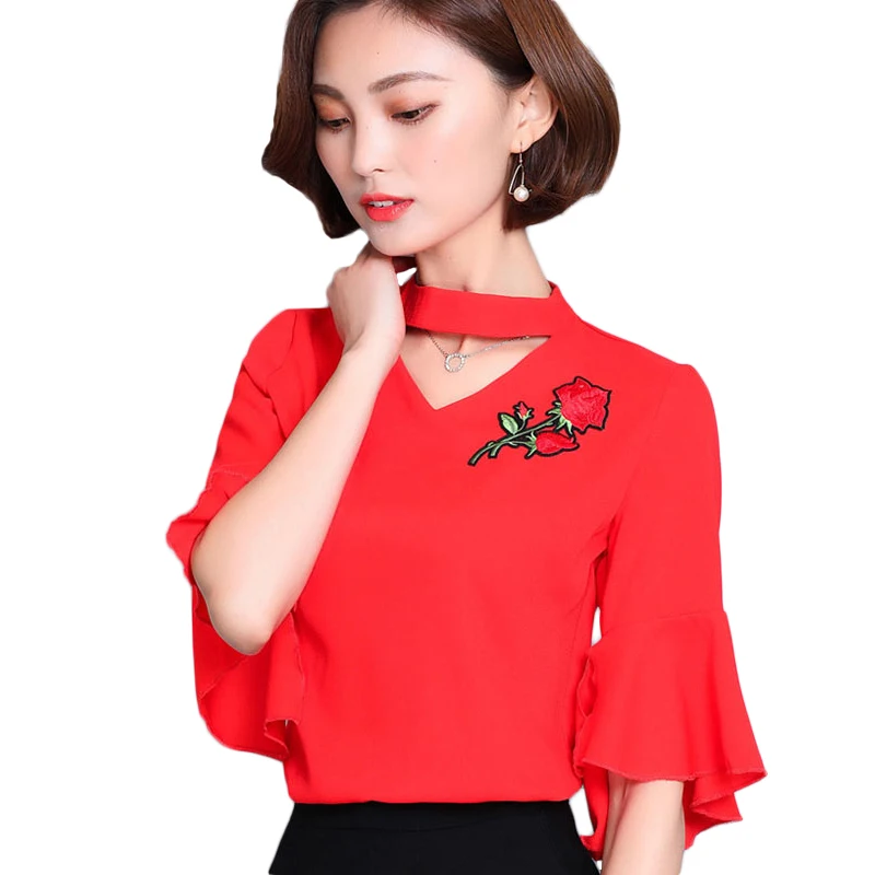 New 2017 Fashion Halter V Neck Blouses For Women Elegant Flare Sleeve Flower Embroidery Chiffon Blouse Blusas Summer Shirts Tops |