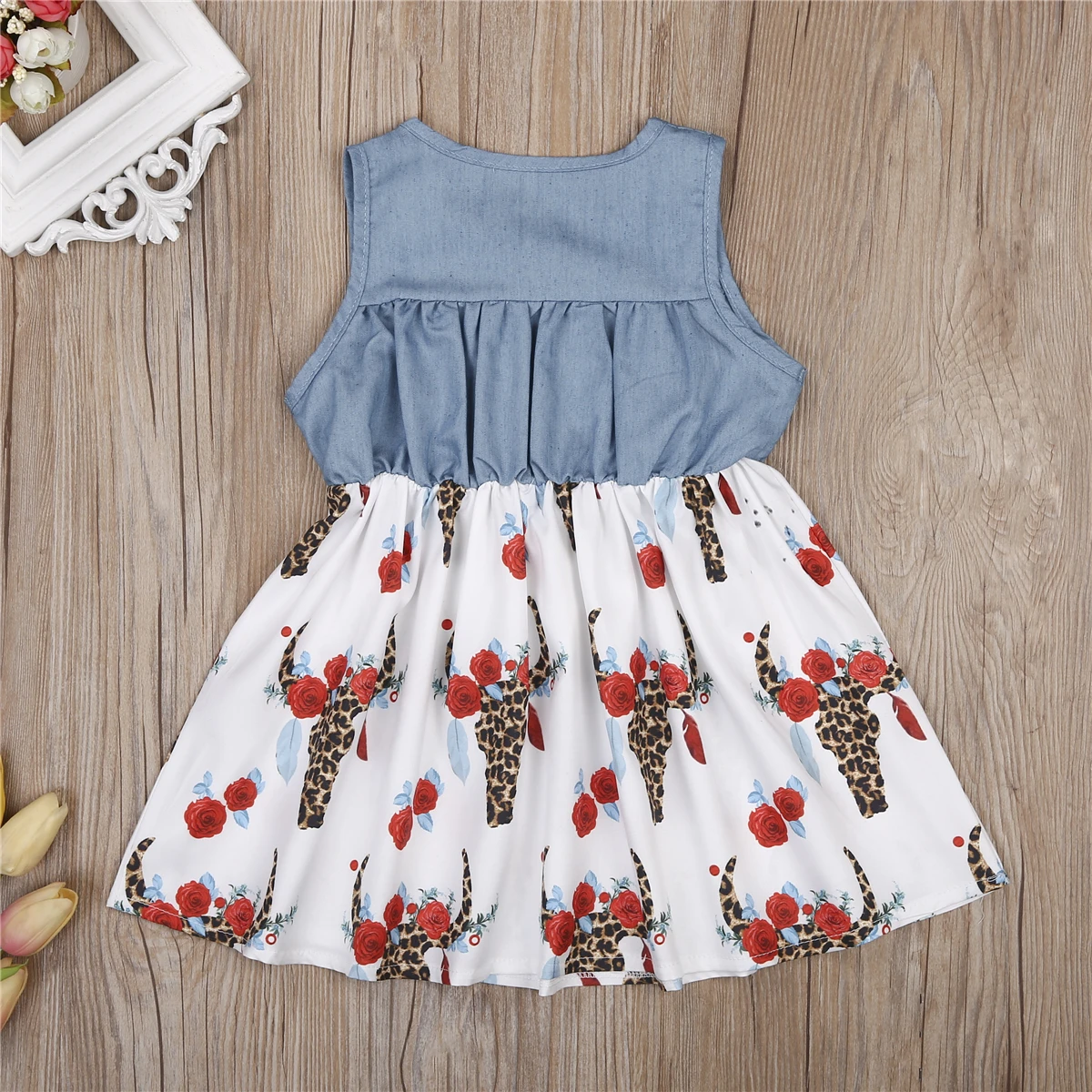 Summer Kid Baby Girl Sleeveless Denim Floral Ruffle Dresses Princess Party Patchwork Dress | Мать и ребенок