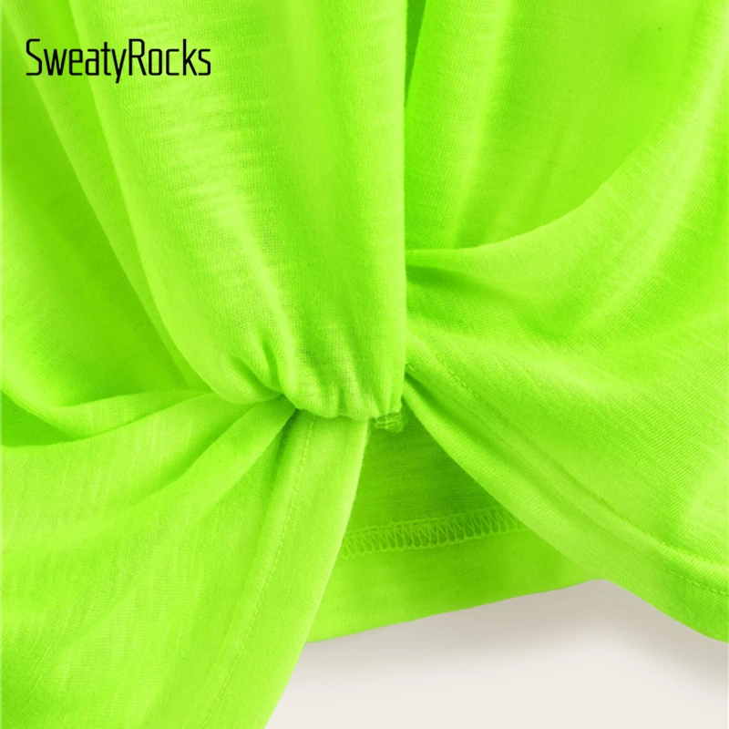 SweatyRocks, неоновый Лайм, крученый передний Топ, уличная одежда, тянущиеся зеленые футболки, летние повседневные женские одноцветные футболки