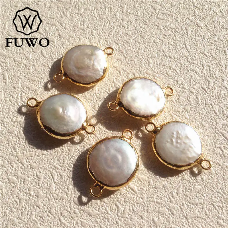 

FUWO Round Freshwater Pearl Connector Pendant With 24K Gold Filled Rim High Quality Double Bail Charm For Jewelry Making PD507