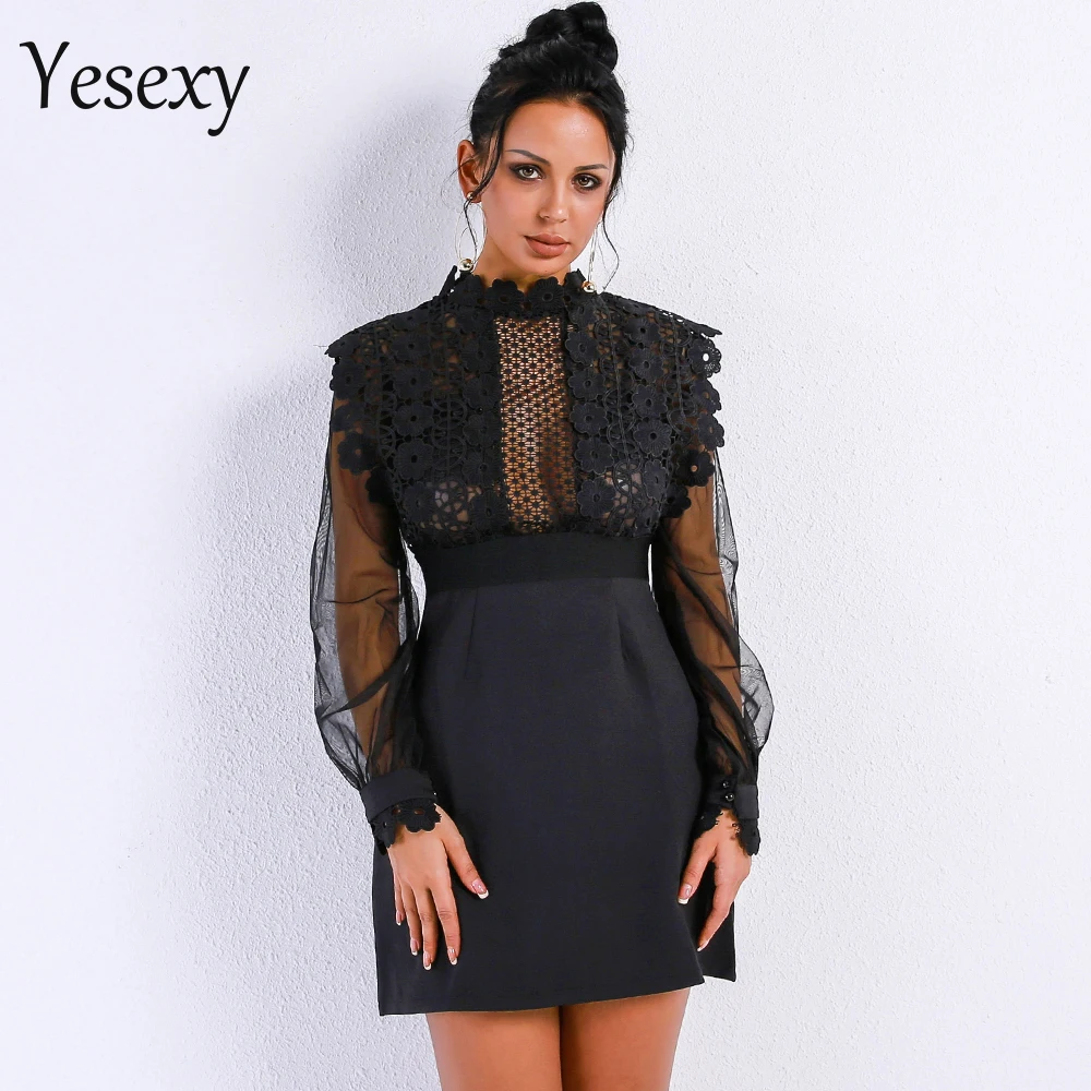 Женское ажурное платье Yesexy кружевное мини с высоким воротом и длинным рукавом