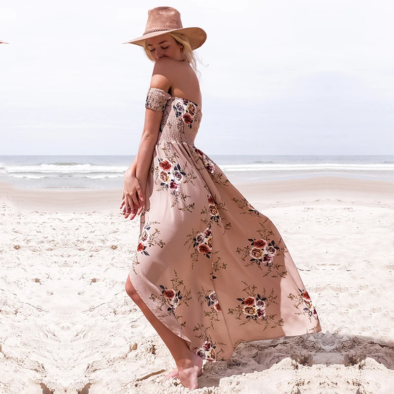 Boho Стиль длинное платье Для женщин Мода с плеча пляжные летние платья Цветочный
