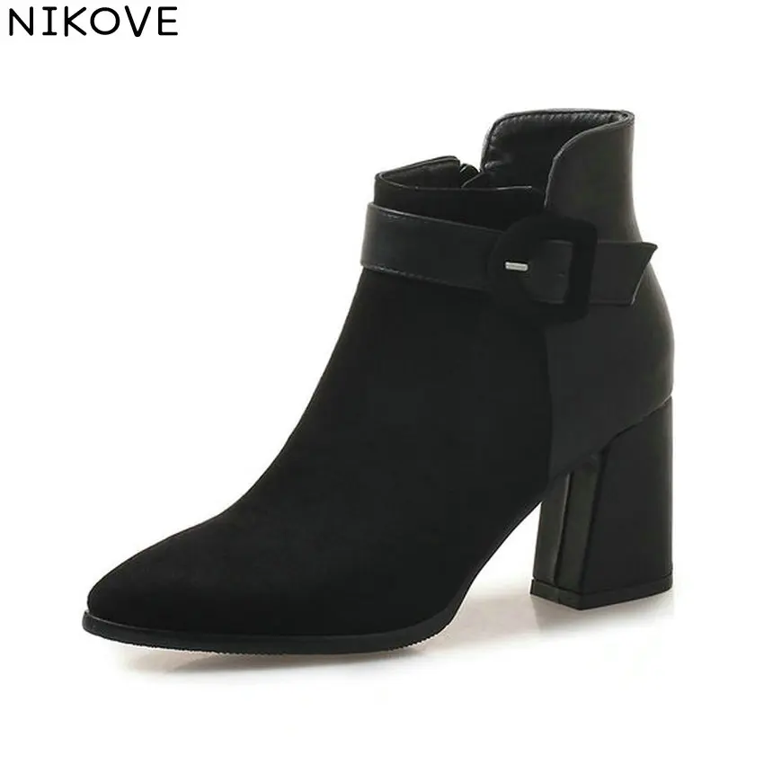

NIKOVE 2019 Women Boots Shoes Zipper Ankle Boots Pointed Toe Spring and Autumn Shoes Square High Heels Boots Woman Size 34-43