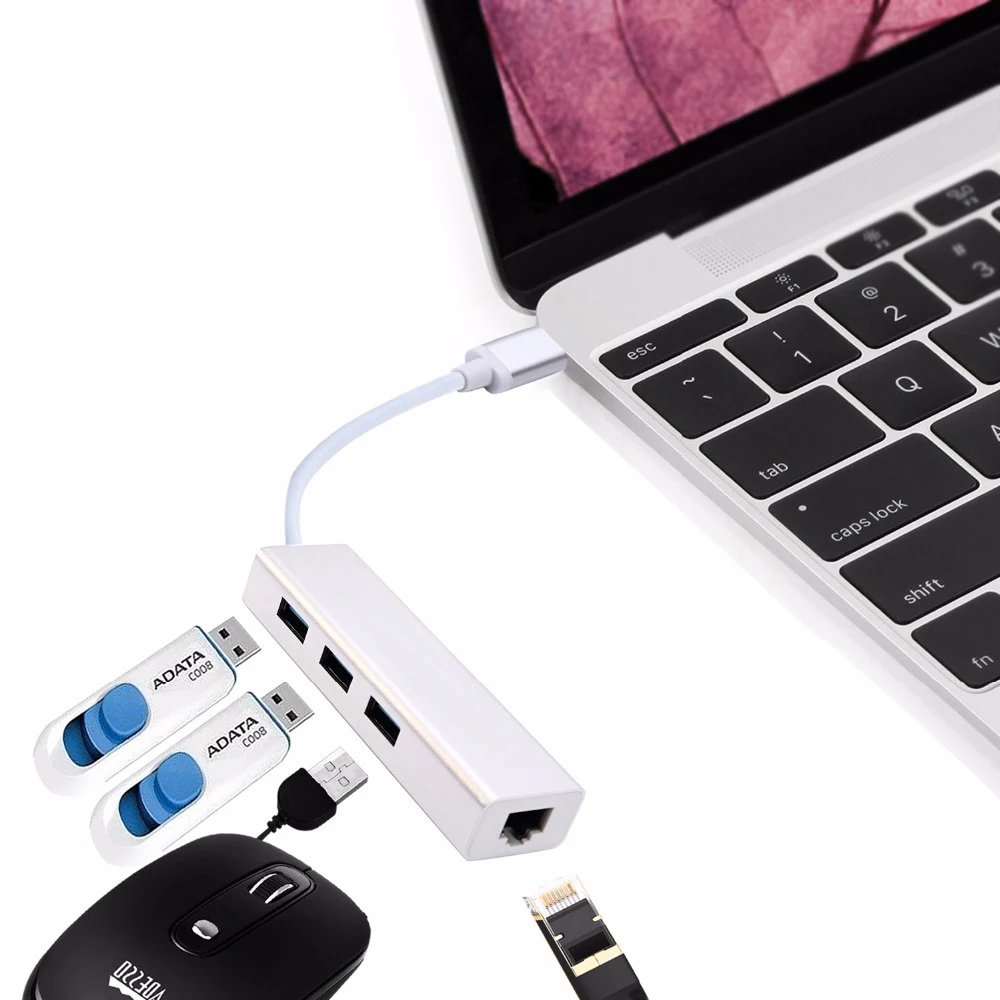 Высокоскоростной сетевой адаптер с Type C на гигабитный Ethernet LAN RJ45 3 порта USB 0 для