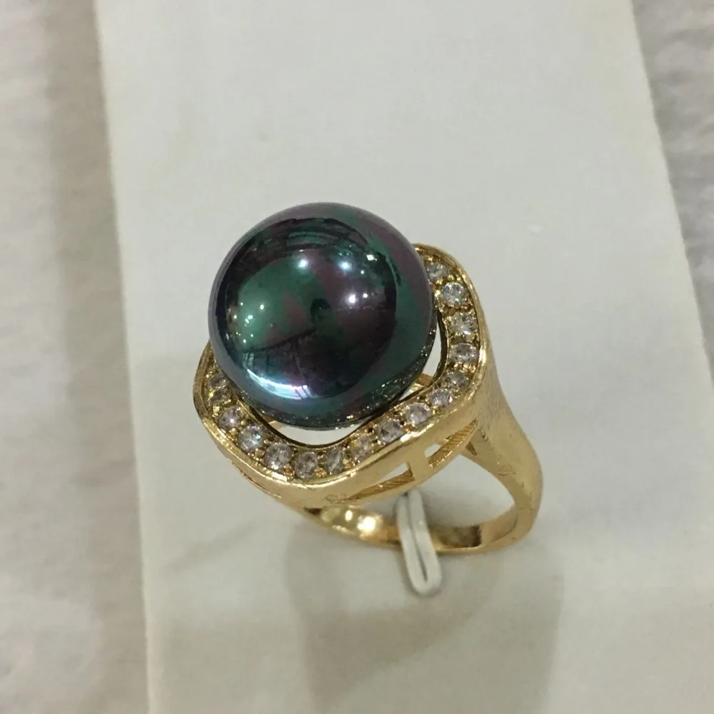 free shipping New trend lady's exquisite GP inlay crystal 14mm black shell pearl ring SIZE 6/7/8/9/10 | Украшения и