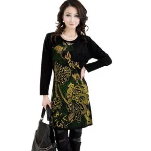 2016 Fashion Woman Sweater Long sweate dress vintage big size animal print phoenix plus women clothing pullover red green | Женская