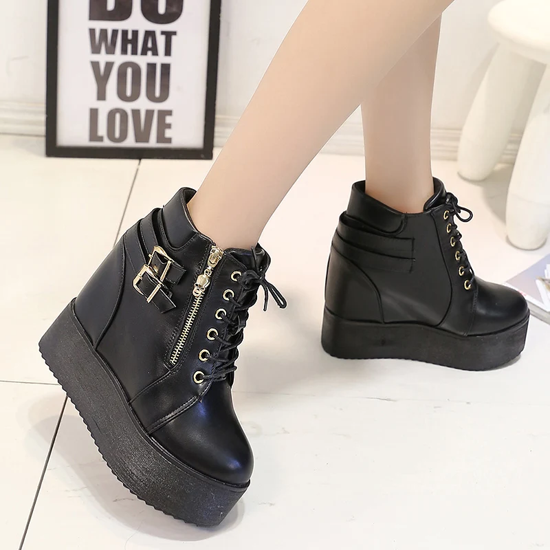 2017 новых зимней моды толщиной подошве в увеличился склон каблуки Черный Мартин