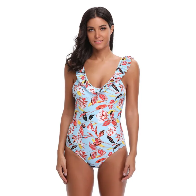 Купальник с оборками и v-образным вырезом купальный костюм цветочным принтом для
