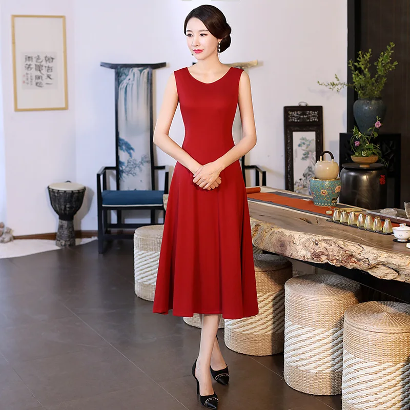 Осенне-зимнее женское платье Cheongsam Vestidos китайское Новогоднее красное платье три четверти китайское платье-Ципао с рукавами женское платье для сцены