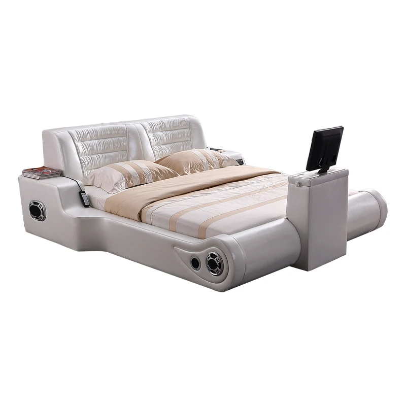 Настоящая Натуральная кожа кровать ТВ мягкие кровати спальня camas горит muebles de dormitorio yatak мобильный кварто массажный динамик bluetooth 361