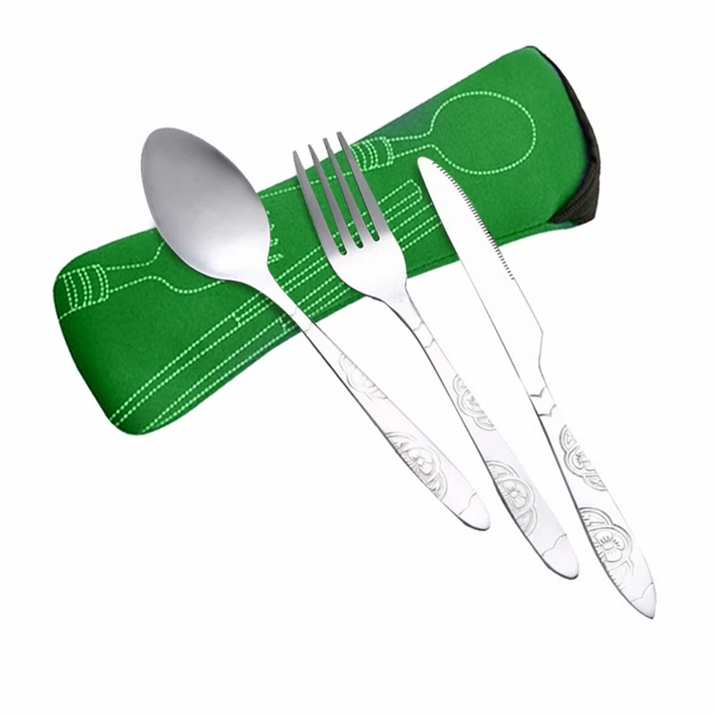 green Hifuar 3 шт./компл. Портативный Нержавеющая сталь набор столовых приборов цветок картина вилка набор посуда набор посуды чехол Комплект для кемпинга - Цвет: green