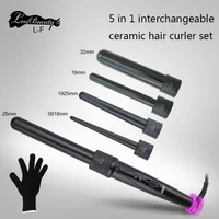 5 part interchangeable hair curling iron machine ceramic hair curler multi size roller heat resistant glove styling set