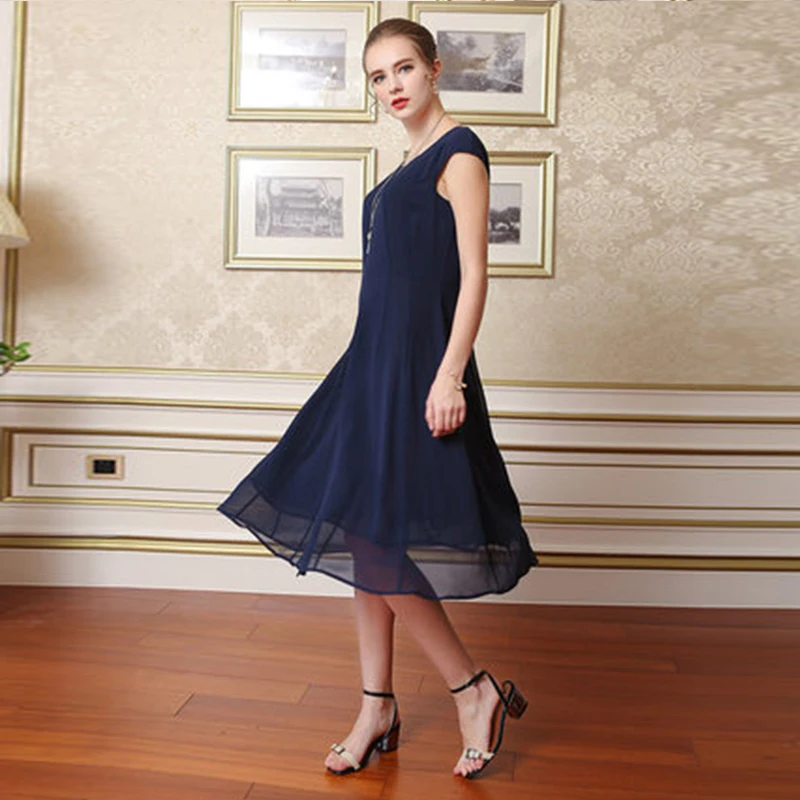 Женское шелковое платье миди VOA повседневное свободное однотонное темно синего