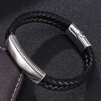 new fashion men bracelets genuine double layer braided leather bracelet stainless steel magnetic clasp male bangles bb804