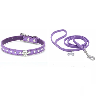 purple Бриллиантовый цветок, яловая кожа, ПУ блестящий ошейник для собаки, стразы, мягкий поводок для питомца, набор для щенков, маленьких средних собак, аксессуары для шеи - Цвет: purple