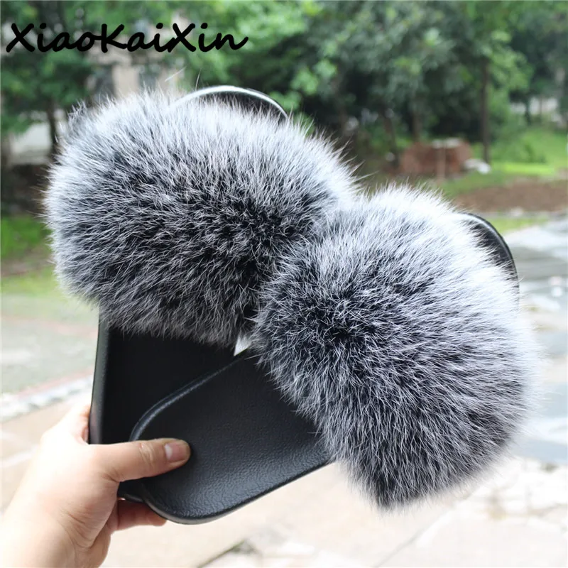 

High Quality Real Fox Hair Slippers for Men and Women Summer Fox Fur Slides Soft Plush Fur Mules Cute Ladies Sandals Big Size 45