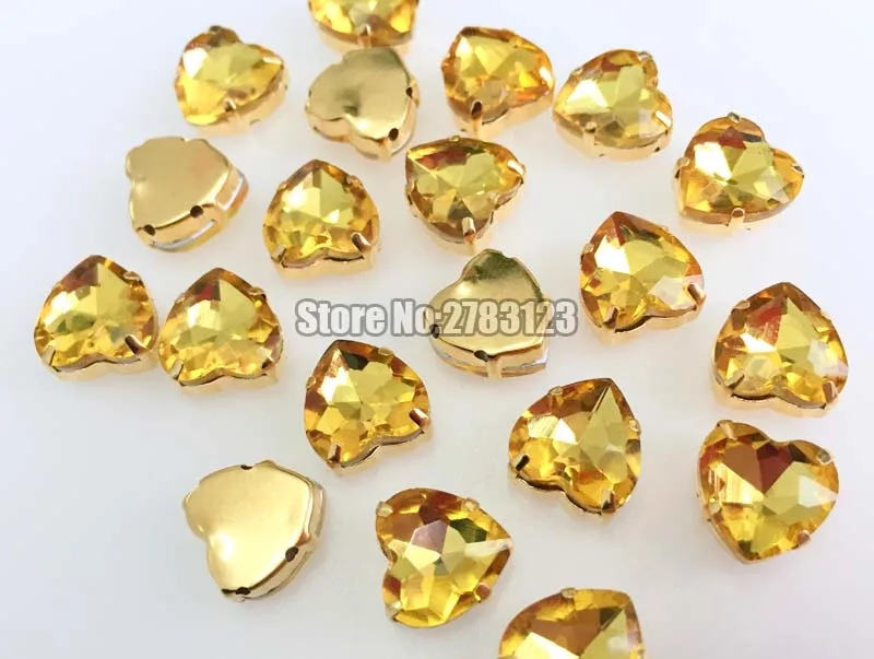 

Factory sales Gold bottom golden yellow heart shape AAA Glass Crystal sew on claw stones,flatback loose rhinestones SWHJ018