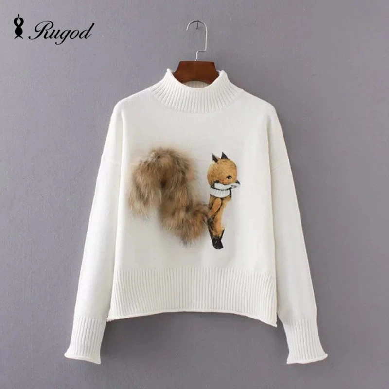 Кашемировый свитер для женщин зимние свитера и пуловеры с лисьим мехом хвостом