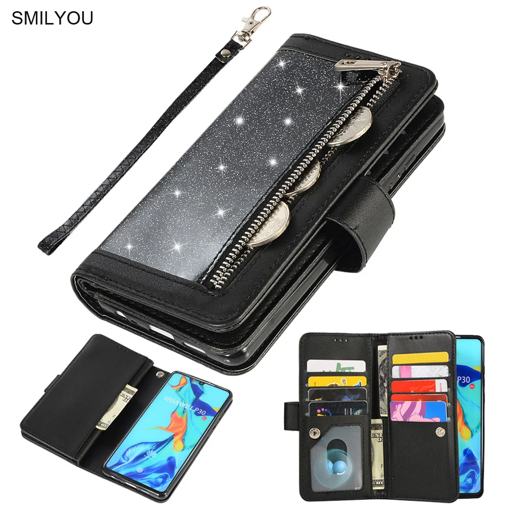 Кожаный чехол кошелек SMILYOU для Huawei P30 Pro P20 Lite Mate 20 10 с отделением карт блестящий