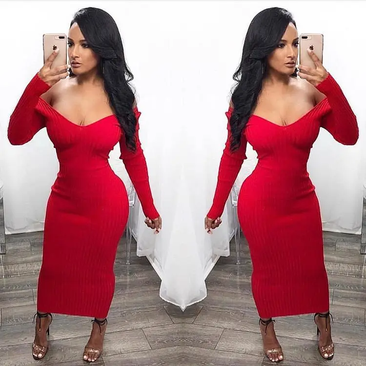 Рождественский вязаный свитер bodycon Длинные зимние платья Женщины Осень V рукава