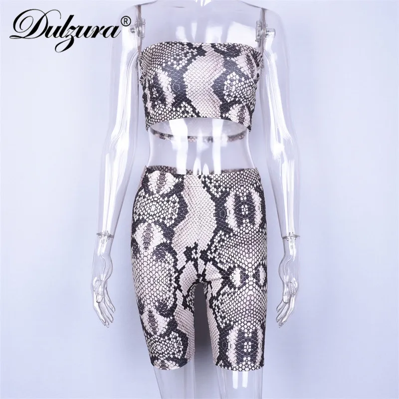 

Dulzura snakeskin print boob tube crop tank top high waist shorts casual 2 pieces set 2019 sexy women fitness workout snake skin