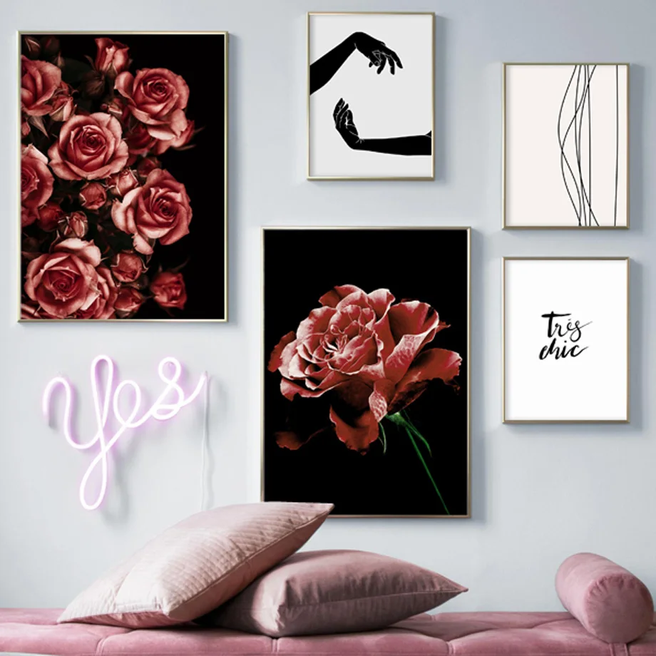 abstract Hand Rose peony Line Curve Quote Nordic Posters And Prints Wall Art Canvas Painting Pictures For Living Room Decor | Дом и сад