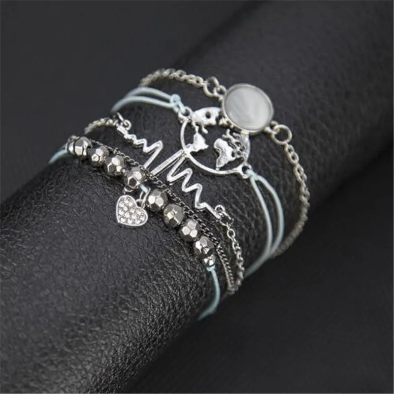 Ахмед 5 шт./компл. Boho сердцебиение карта мира, браслеты с брелоками для Для женщин Серебряный Цвет модный браслет из Цепочки Браслеты Аксессуары