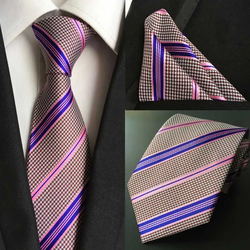 HOT 8cm Men Silk Tie Striped plaid Necktie Handkerchief Set Luxury Neck Ties Men's Classic Party Wedding Pocket Square Sets |