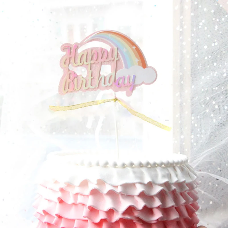 1pcs Happy Birthday Cake Topper Blue Pink Rainbow For Party Decorations Decor | Дом и сад