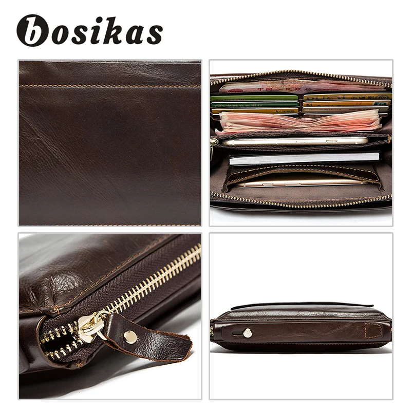 BOSIKAS мужской кожаный клип для денег на молнии длинный телефон кошелек из
