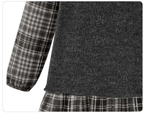 Женское платье с длинными рукавами тонкое клетчатое фальш вставкой большие