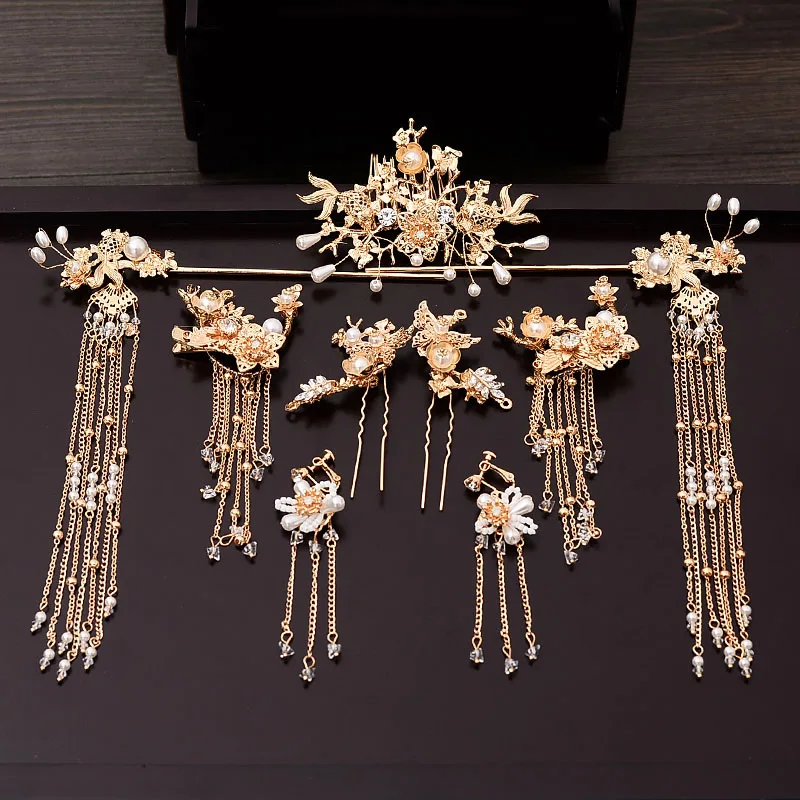 

Traditional Chinese Hairpin Gold Hair Combs Wedding Hair Accessories Headband Stick Headdress Head Jewelry Bridal Headpiece Pin