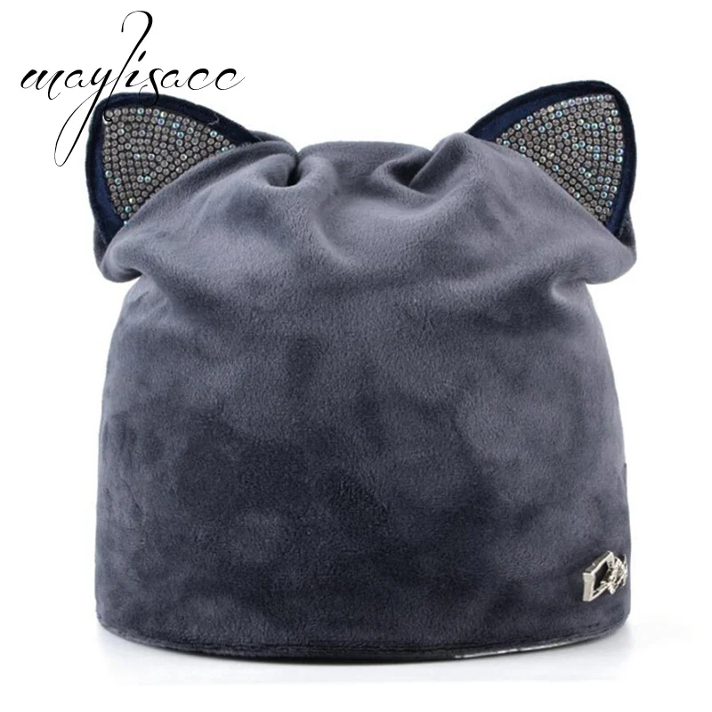 Dark Grey Maylisacc 6 цветов осень-зима Кепки шапочки кот шляпа Дамы теплый бархат Skullies Кепки Новая коллекция для Для женщин Рождественский подарок - Цвет: Dark Grey