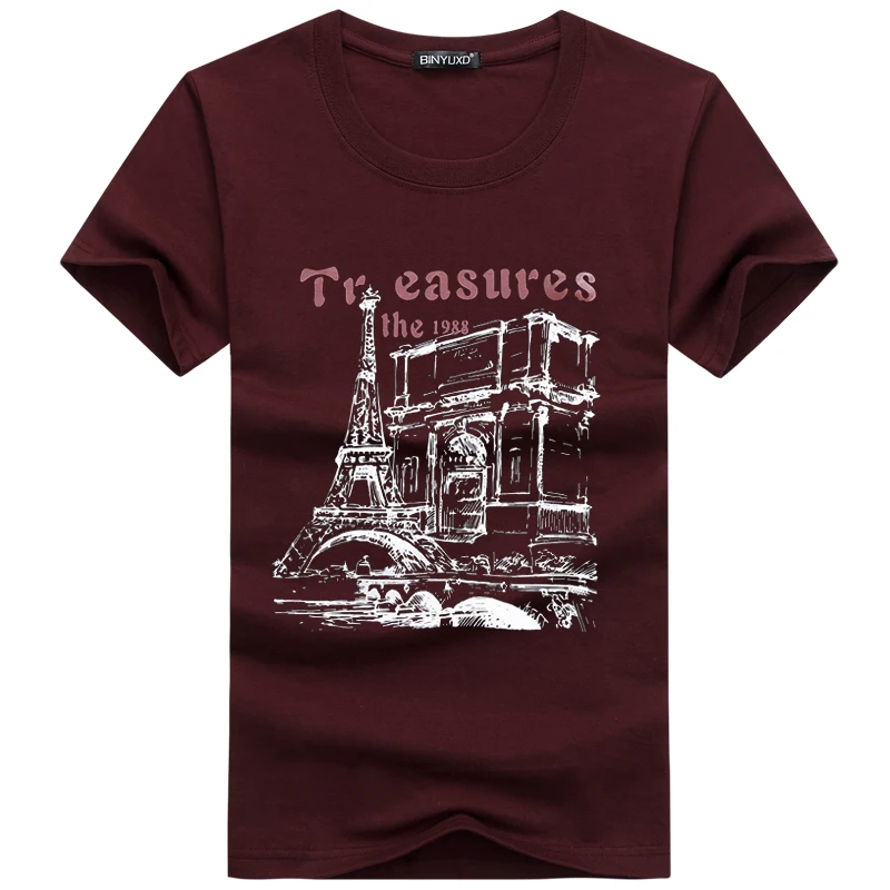 BINYUXD Summer Tops Fashion Eiffel Tower Print Short Sleeve T Shirt Men Casual Cotton Breathable Loose Brand Tees Male | Мужская одежда