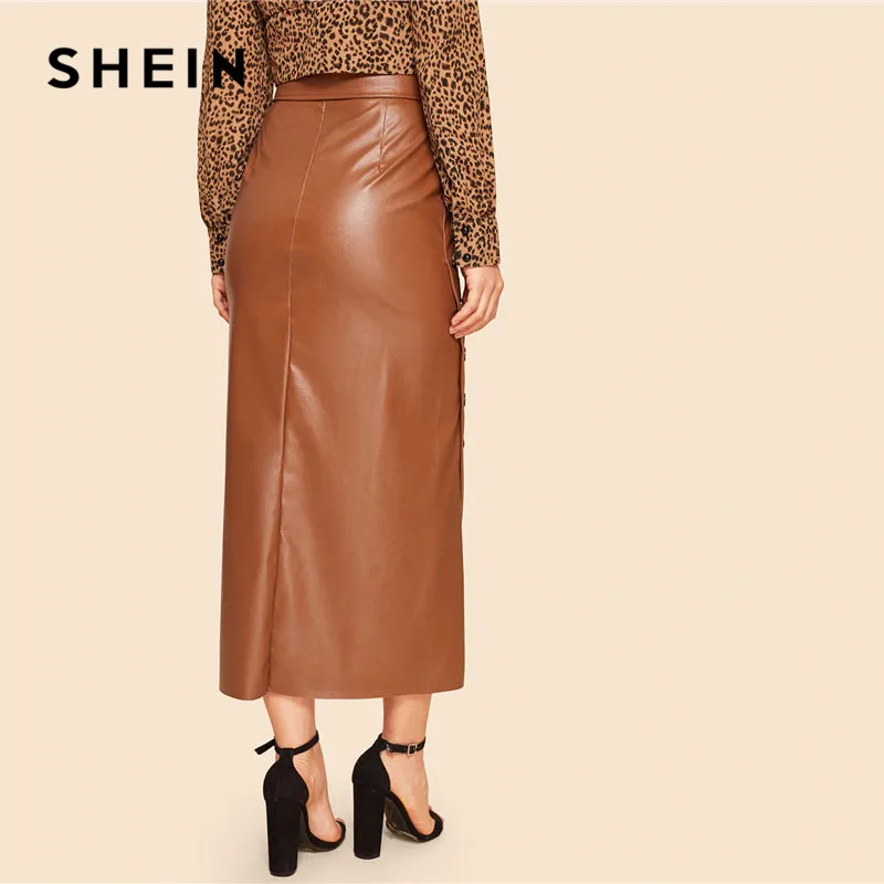 SHEIN Двубортная Асимметричная PU Юбка В Стиле 60 Х Годов С Поясом Женская Осенняя
