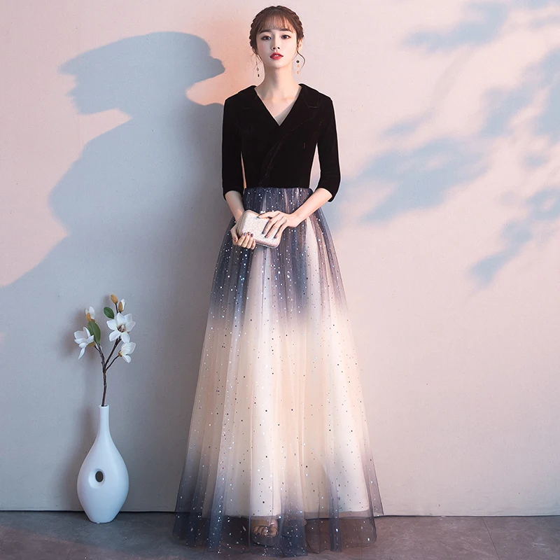 Robe De Soiree Black 2020 Sexy Backless Long Evening Dress The Bride Elegant Banquet Tulle Lace V-neck Formal Party Gown LYFY108 | Свадьбы и