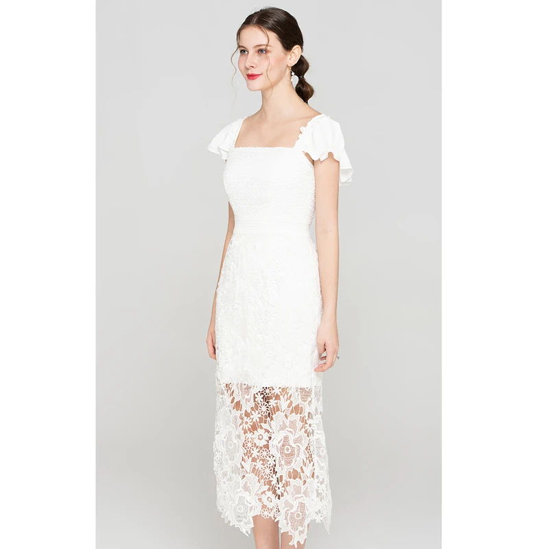 women elegant summer white eyelet dress new fashion woman clothes crochet square collar ruffle short sleeve tight | Женская одежда