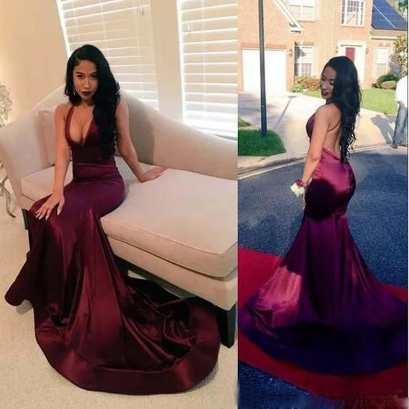 

Black Girls Backless Prom Dresses With Deep V Neck Long Mermaid Evening Gowns Count Train African Vestidos Cocktail Dress