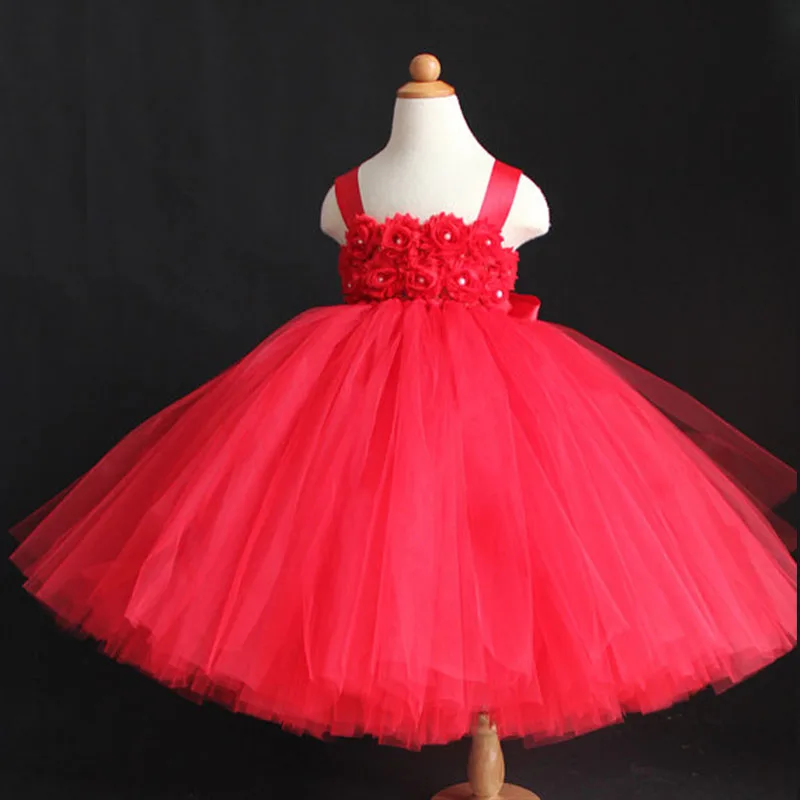 

Girls Tutu Wedding Dress For Party Birthday Long Red Flower With Straps Tulle Kid Ball Gown Princess Tutu Vestidos Dress 1-10Y