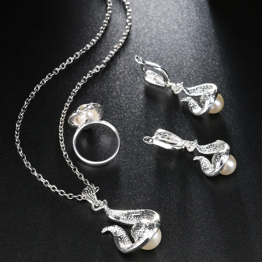 Комплект из колье серёг и кольца серебристого цвета|jewelry sets for women|pearl jewelry setwedding |